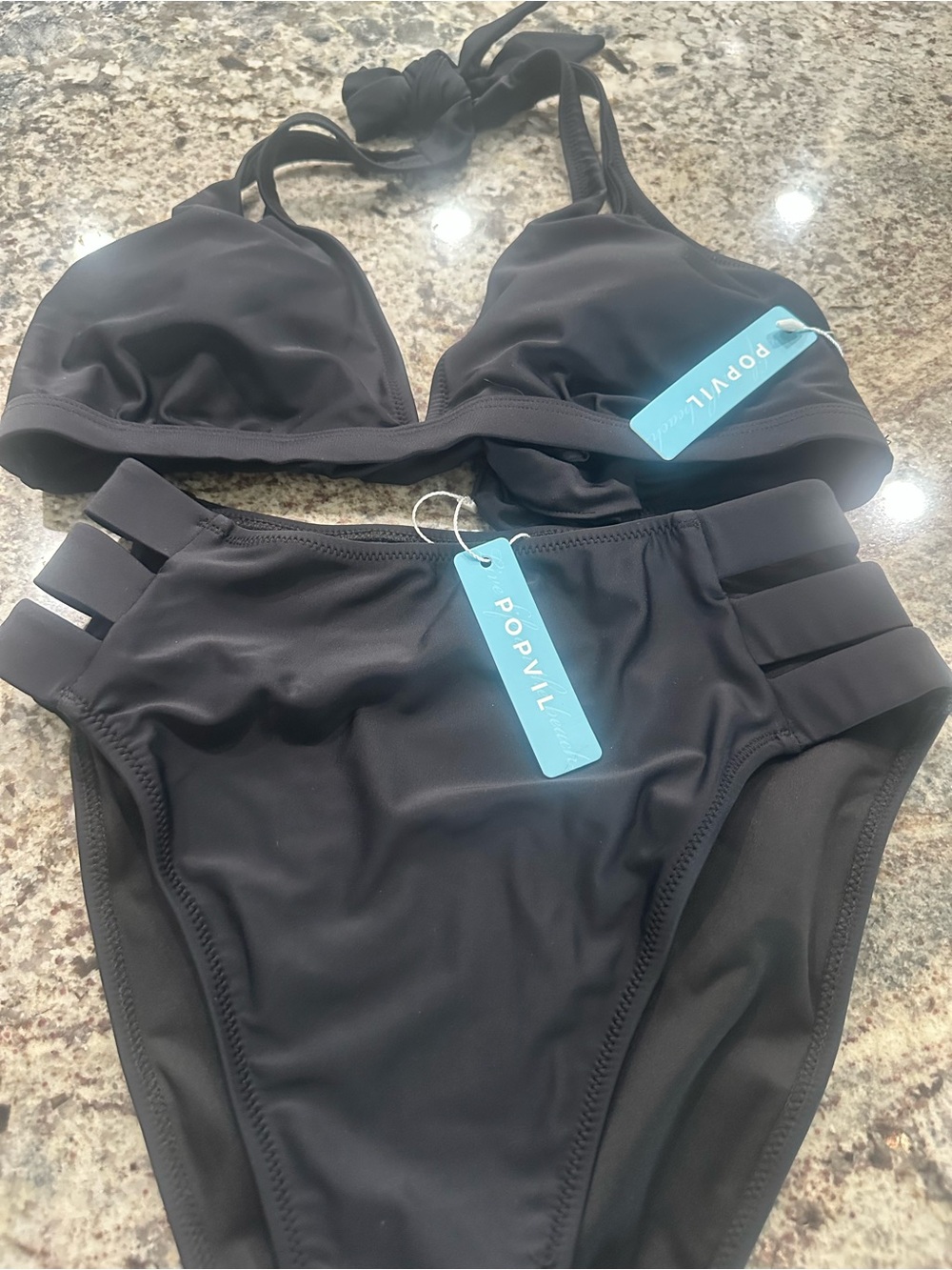 Popvil Women's Black Strappy High-Waist Bikini Set